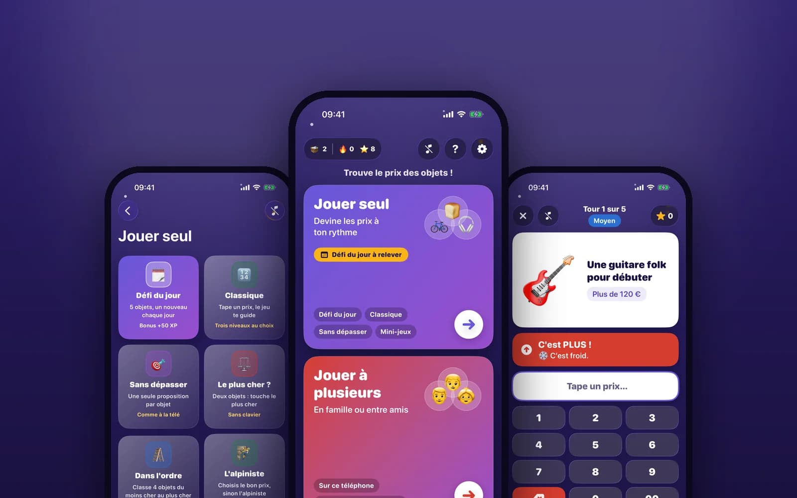 Trois écrans iPhone de Devine le Prix : choix du mode de jeu, accueil, et partie en cours avec l’indice « C’est plus ! »