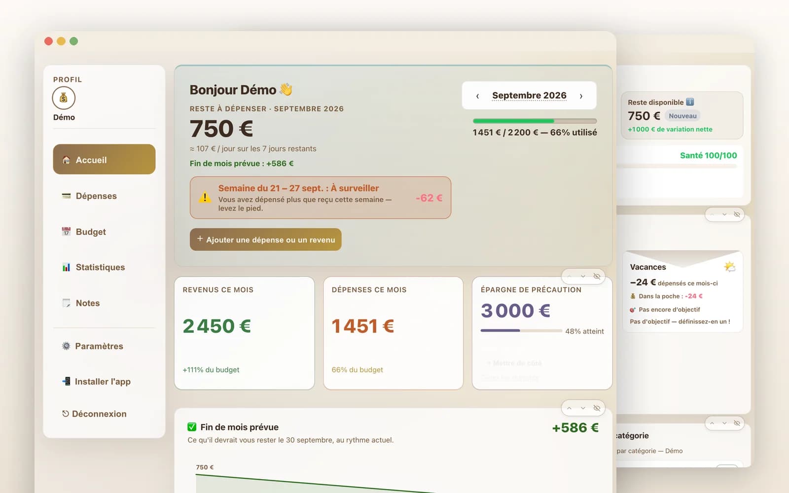 Captures de Plan Financier : tableau de bord du mois avec le reste à dépenser, et page budget avec les poches