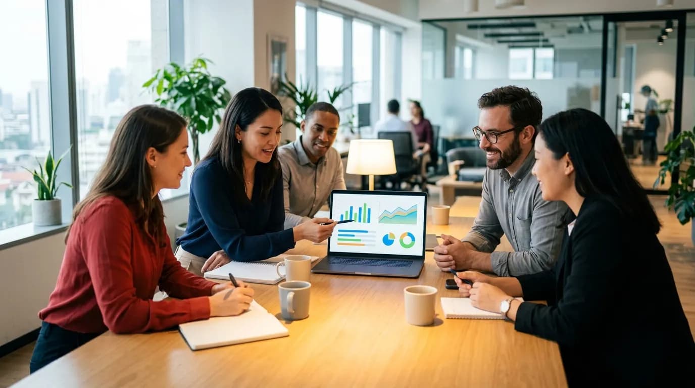 Collaborateurs d’une PME réunis autour d’un ordinateur affichant des graphiques de productivité