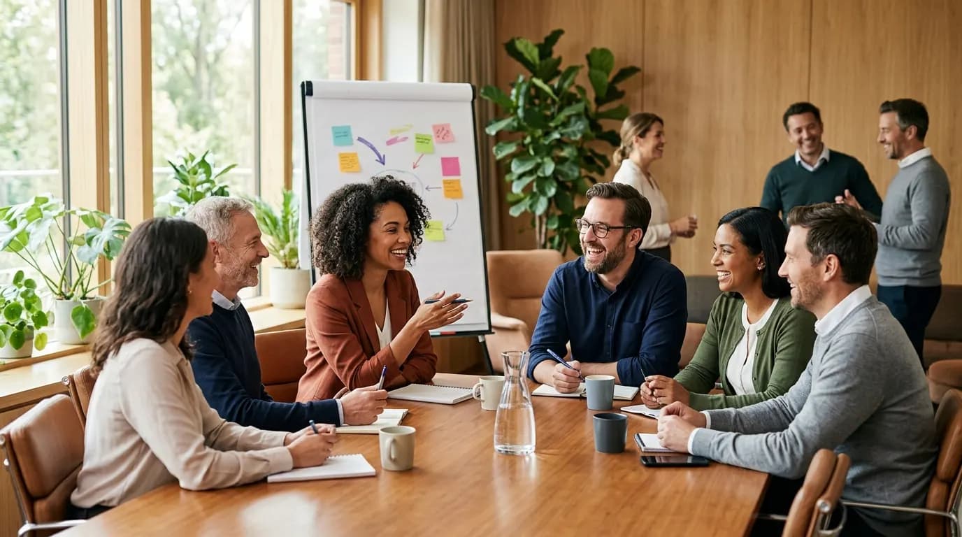 Équipe de salariés d’une PME participant à un atelier pratique de formation à l’intelligence artificielle